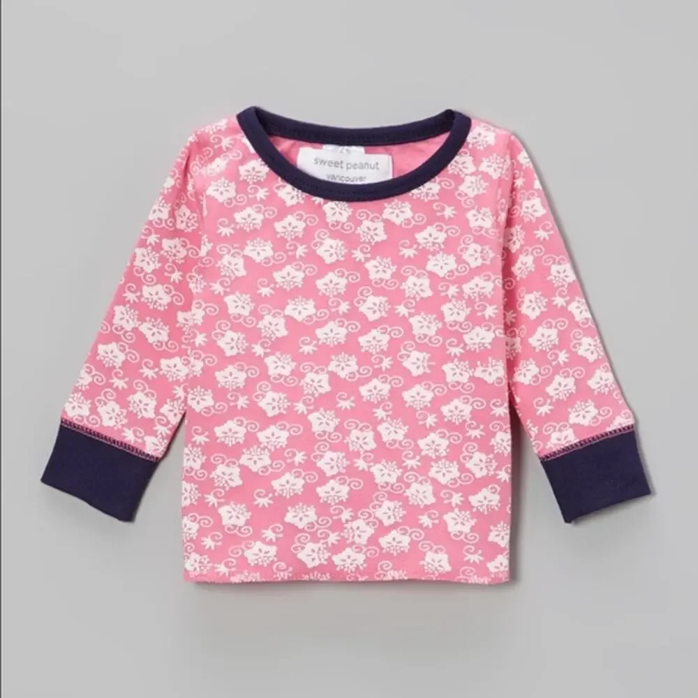 Sweet Peanut Girls Top Sz 18-24 Mo Pink White Navy Blue Flowers Knit Long Sleeve